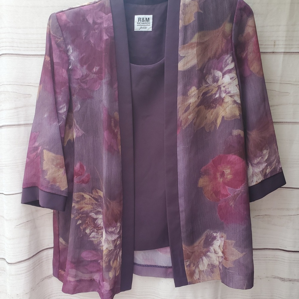 R&M Richards Petite connected Piece Set Purple Floral Sheer Jacket and Top